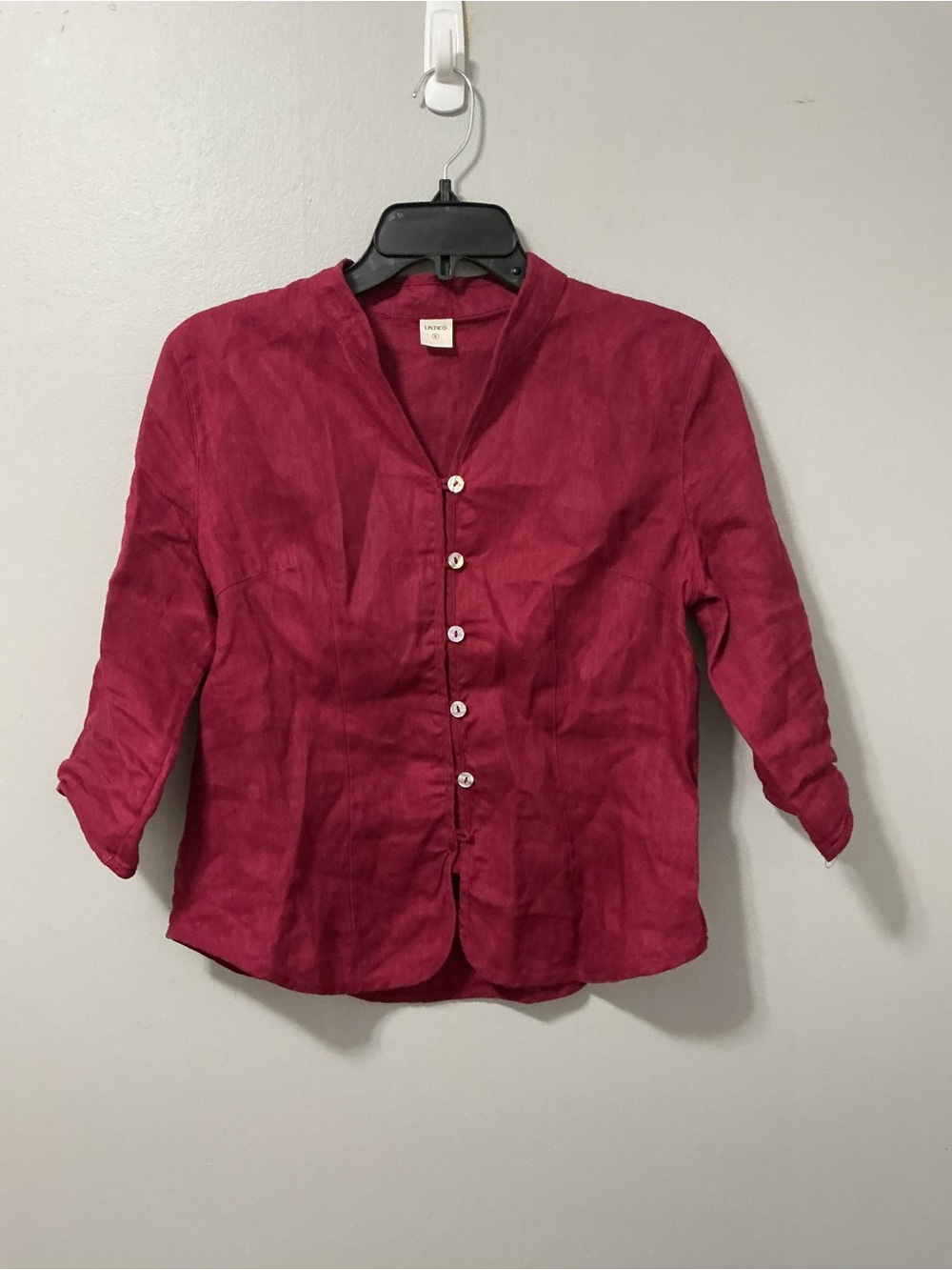 LINTICO 100% Linen Mandarin Collar Button Up Top Red/burgundy Size S